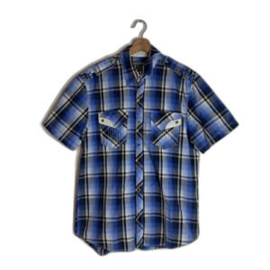 Affliction Shirt Mens Large Blue Plaid Short Sleeve Button Up Rock Biker Western